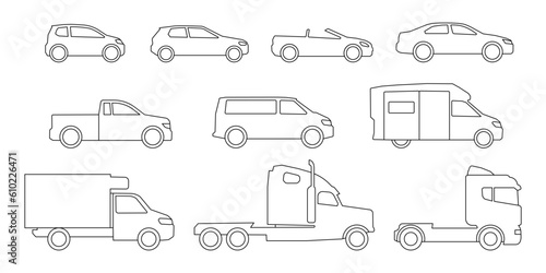 Cars and trucks model line icons set. Own passenger transport, car for delivery and logistic truck. Shipment service, cargo transportation, automobile for travel. Vector sign outline