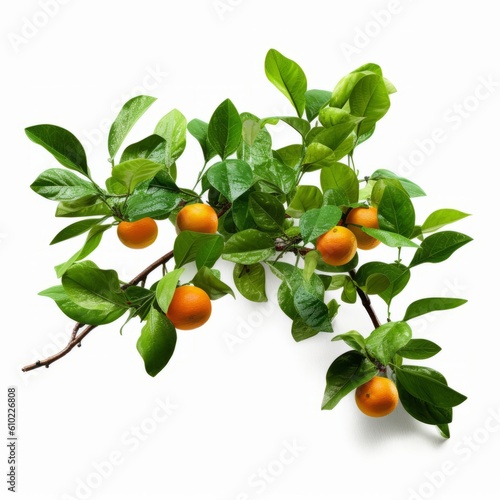 Orange tree branch with green leaves nature white background generative AI