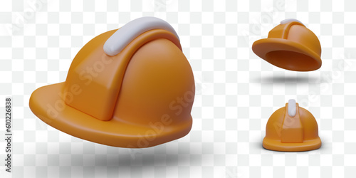Isolated image of construction worker safety helmet. Tools for protection, safety equipment. Set of yellow protective headgear from different sides. Collection of icons with shadows