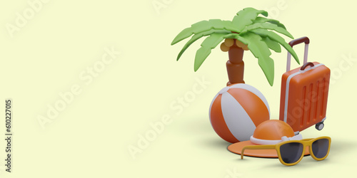 Web poster with 3d realistic cartoon palm, sunglasses, hat, trolley bag and beach ball. Promo action for online store, travel and vacations concept at summer season. Vector illustration