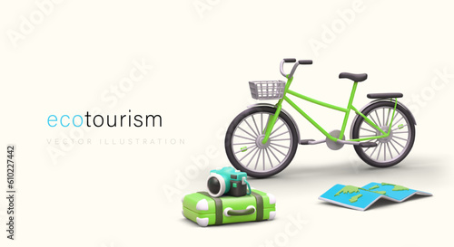 Vector concept of ecotourism. 3D bicycle, camera, map, suitcase. Cycling, active leisure. Green transport. Caring for your health and environment. Poster with space for text