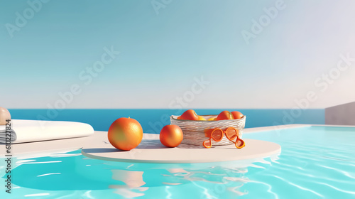fruit in swimming pool with ocean background ai generative