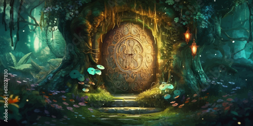 Magic Wooden door to an alien world. Magic Gate. Fantasy gate. Mysterious Entrance portal. Ancient ruins. Passage to another world. Night landscape. Fantasy Scene in the night forest. 3D illustration