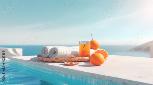 summer concept orange juice and towel in swimming pool ai generative