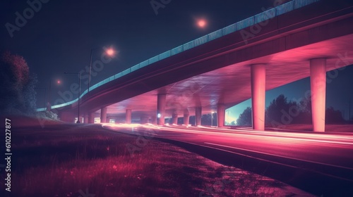 Freeway in night with cars light in crossroads. Generative AI.
