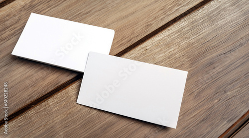 stacked business card on a wooden desk mock up template design.