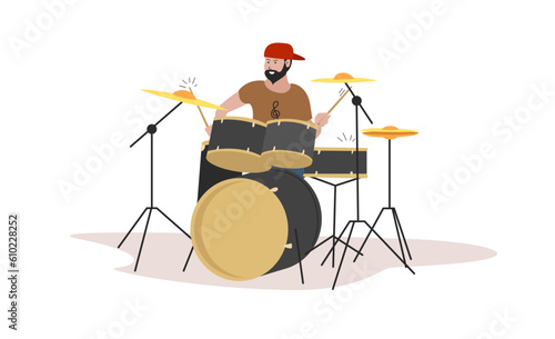 Drummer boy plays the drums. The concept of rock and pop music for festivals and concerts. Vector flat illustration