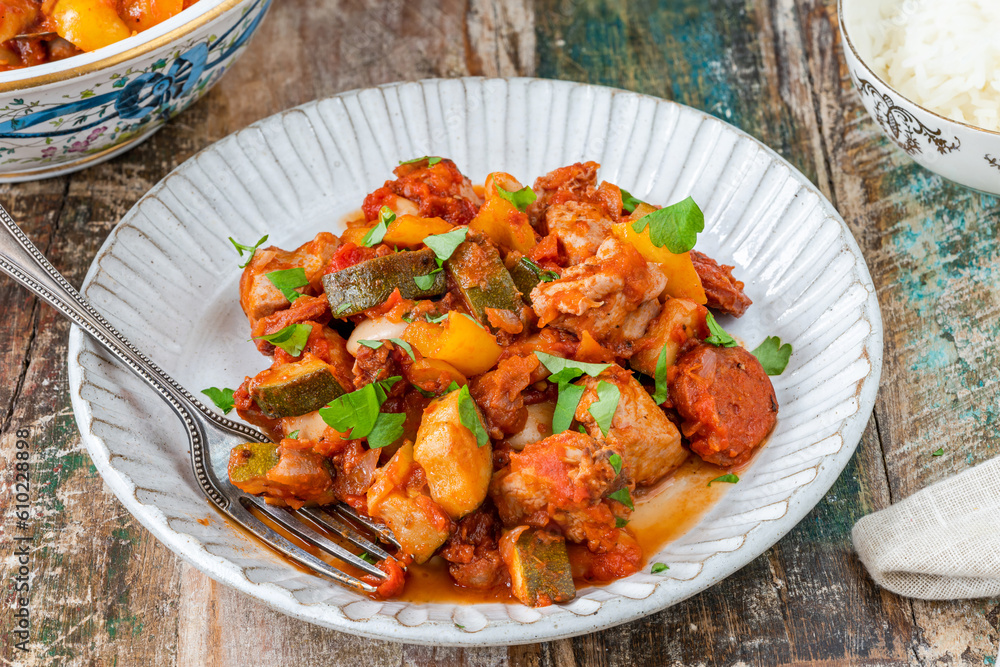 Spanish chicken stew with red wine, chorizo and vegetables Spanish chicken stew with red wine, chorizo and vegetables