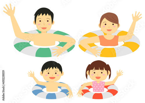 海水浴イラスト_水遊びをする家族のイラストのセット_1
