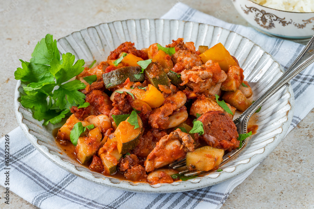 Spanish chicken stew with red wine, chorizo and vegetables