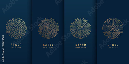 Vector set of geometric line logos, wine, jewelry, perfume and cosmetic labels. Art deco circles, luxury signs. Package, vintage motif, golden and foli colored.