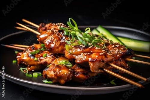 Tamari-glazed chicken skewers garnished with sesame seeds and spring onions on a white plate