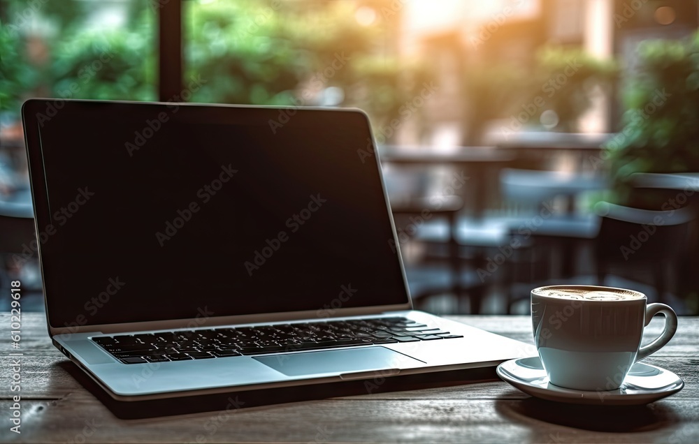 Fototapeta premium Work and white cup of Coffee. Laptop on a wooden table in blur cafe background. Business online concept.