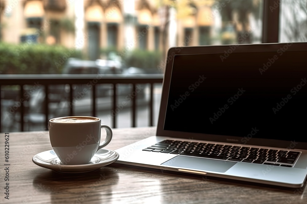 Work and white cup of Coffee. Laptop on a wooden table in blur cafe background. Business online concept.