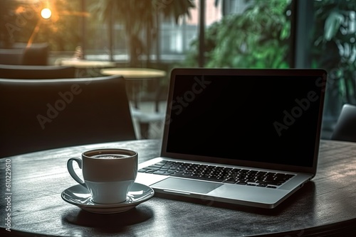 Work and white cup of Coffee. Laptop on a wooden table in blur cafe background. Business online concept.