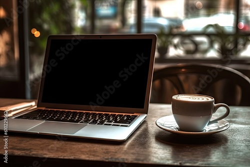 Work and white cup of Coffee. Laptop on a wooden table in blur cafe background. Business online concept.