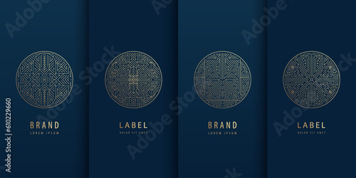 Vector set of geometric line logos, wine, jewelry, perfume and cosmetic labels. Art deco circles, luxury signs. Package, vintage motif, golden and foli colored.