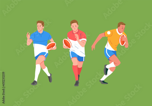 American football sport player set in action set carrying ball and run