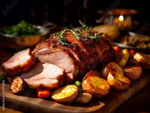 succulent pork roast surrounded by roasted vegetables on a wooden platter