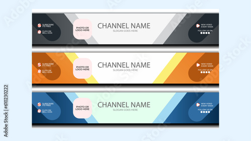 YouTube channel Horizontal banner with three different color combinations Gray, Orange and Blue. social media banner design. vector template 