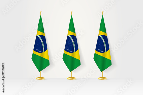 Three Brazil flags in a row on a golden stand, illustration of press conference and other meetings.