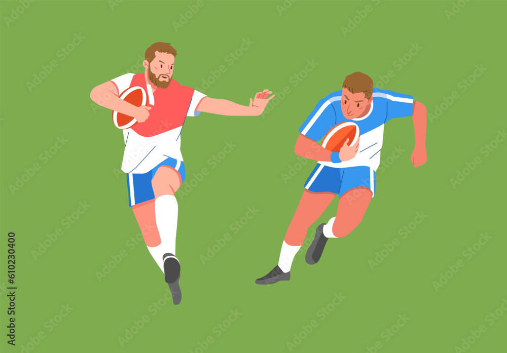 Rugby sport player in action set carrying ball and dogde