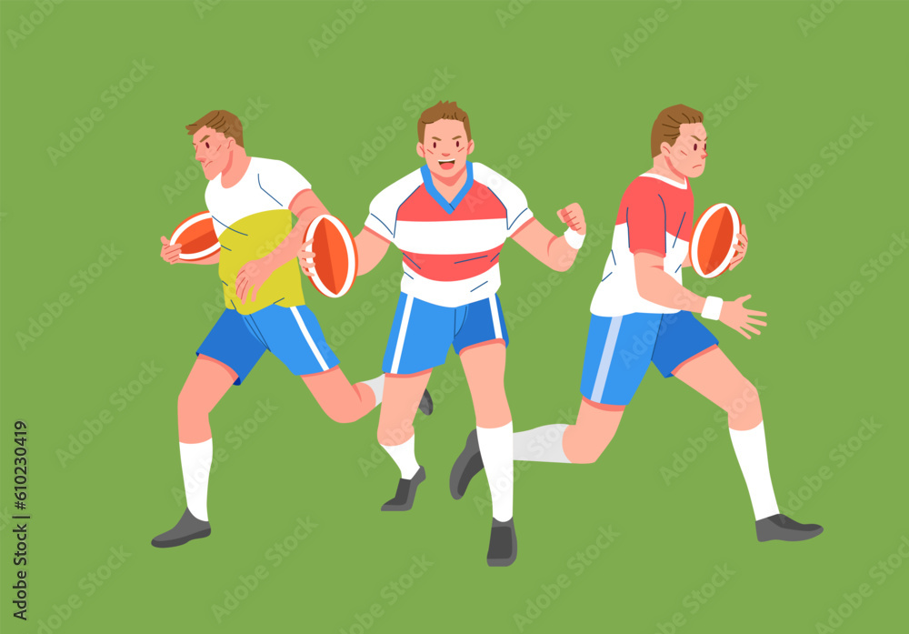 Rugby sport player in action set carrying ball and run spirits Rugby sport player in action set carrying ball and run spirits