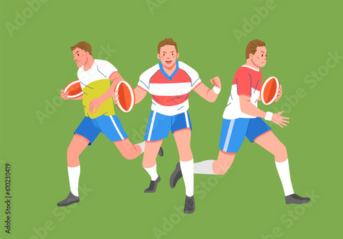 Rugby sport player in action set carrying ball and run spirits