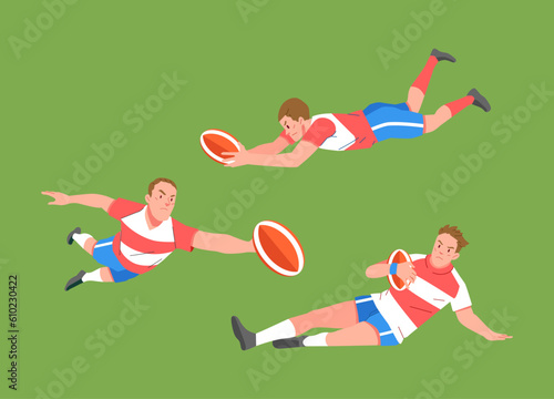 Rugby sport player in action set catch ball tackle and jump character illustration