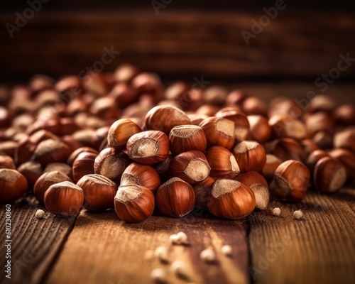 hazelnuts scattered on a rustic wooden table