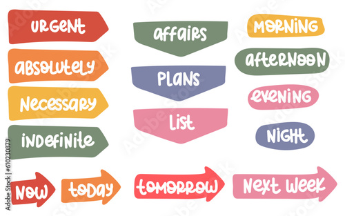 A set of elements with labels for the names of lists full version. Icons of cases in the glider. A set of colored elements with inscriptions of tasks in a fashionable flat style for a glider, a daily