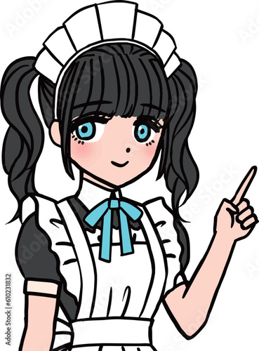 指を差して教えるブルーの胸のリボンをつけた黒髪のメイド