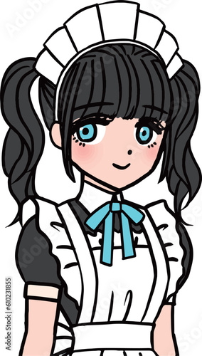 ブルーの胸のリボンをつけた黒髪のメイド