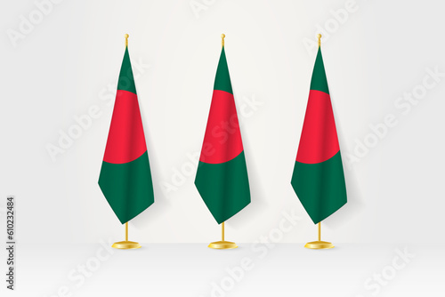 Three Bangladesh flags in a row on a golden stand, illustration of press conference and other meetings.
