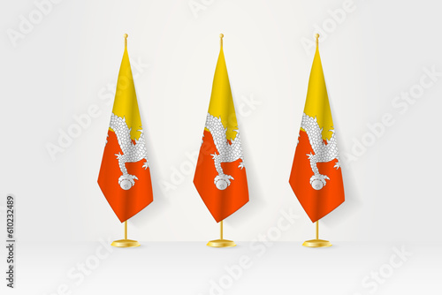 Three Bhutan flags in a row on a golden stand, illustration of press conference and other meetings.