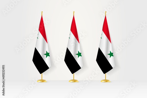Three Syria flags in a row on a golden stand, illustration of press conference and other meetings.