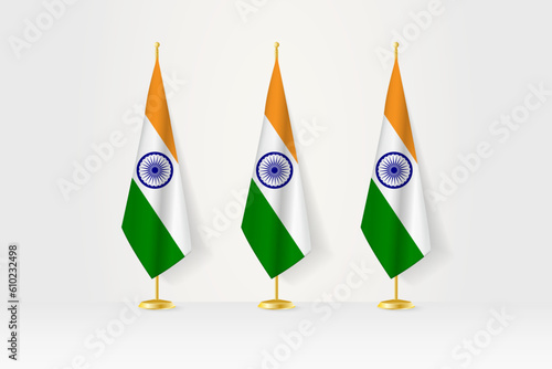 Three India flags in a row on a golden stand, illustration of press conference and other meetings.