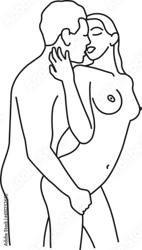 Sex poses illustration of man and woman on white background. Romantic couple vector drawing line art. Kama sutra sexual pose.  