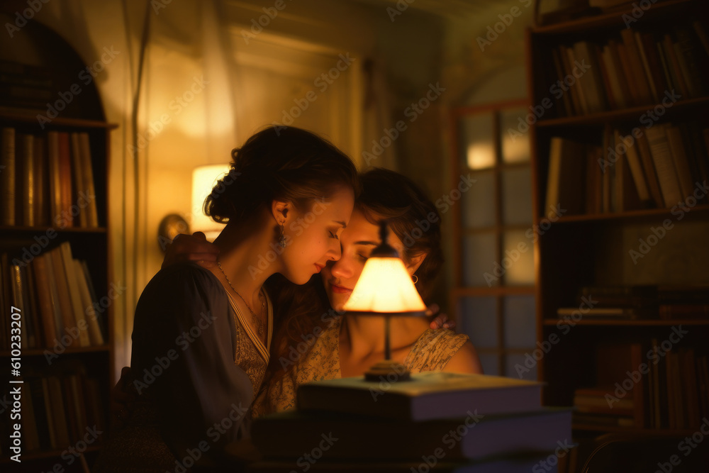 Same sex couple sharing an intimate moment together in a cozy restaurant Same sex couple sharing an intimate moment together in a cozy restaurant