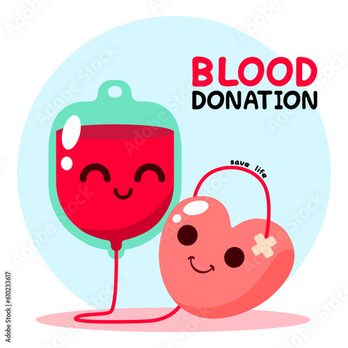 Kawaii Blood bag giving with a Smiling cute heart. blood donation day for poster, banner, and background. Vector illustrator flat cartoon design concept.