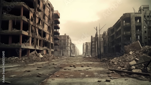 Post apocalyptic city background. Destroyed buildings, cracked road. AI