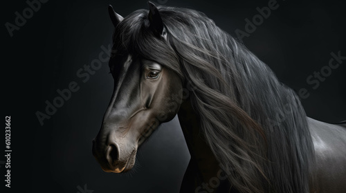 Portrait of black stallion Horse with long mane. AI