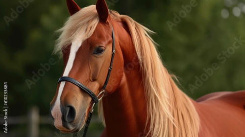 Portrait of red stallion Horse with long mane. AI