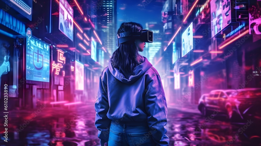 Fototapeta premium Exploring Metaverse: Woman in VR Headset Navigating Through Neon-Lit Cyber City