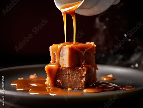 fudge being drizzled with caramel sauce, showing its glossy finish photo