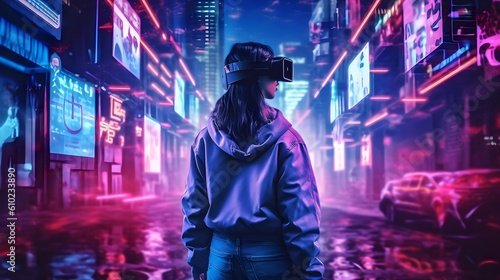 Exploring Metaverse: Woman in VR Headset Navigating Through Neon-Lit Cyber City