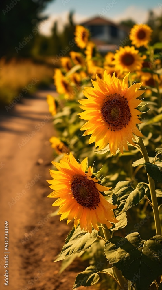 Fototapeta premium Nahaufnahme wunderschönener Sonnenblumen am Wegrand - Generative AI Wallpaper Hintergrund