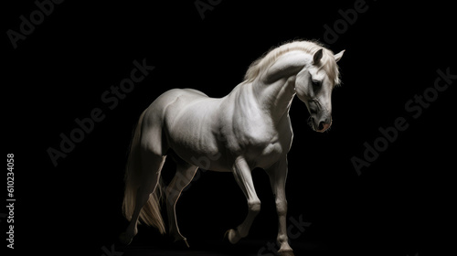 Standing and rearing silver white horse in studio interior dramatic lighting isolated on black with copy space area. © Kateryna
