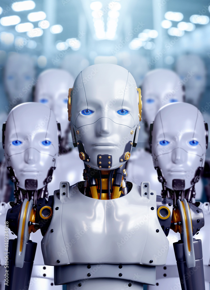 3d rendering of leader robot portraits with army, industrial group of cyborg machines on factory background, vertical style. Futuristic AI robotic team, artificial intelligence technology concept. 3d rendering of leader robot portraits with army, industrial group of cyborg machines on factory background, vertical style. Futuristic AI robotic team, artificial intelligence technology concept.