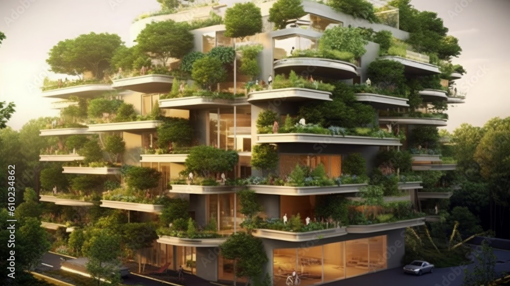 Sustainable Eco-House with Vertical Garden System. Illustration. Postprocessing Generative AI.